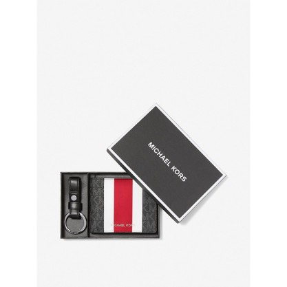 Logo Stripe Billfold Wallet and Keychain Gift Set