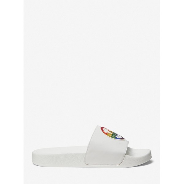 PRIDE Jake Rainbow Embellished Logo Leather Slide Sandal