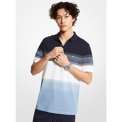 Ombré Striped Cotton Blend Piqué Polo Shirt