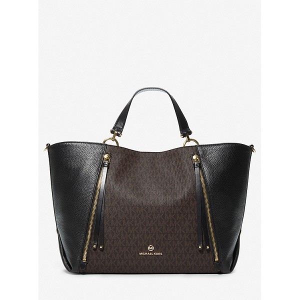 Brooklyn Large Logo and Pebbled Leather Tote Bag
