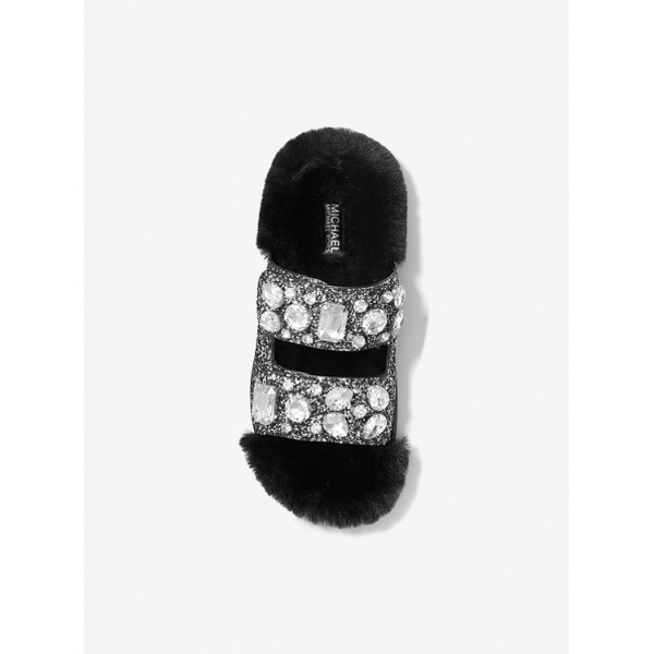 Stark Embellished Glitter and Faux Fur Slide Sandal