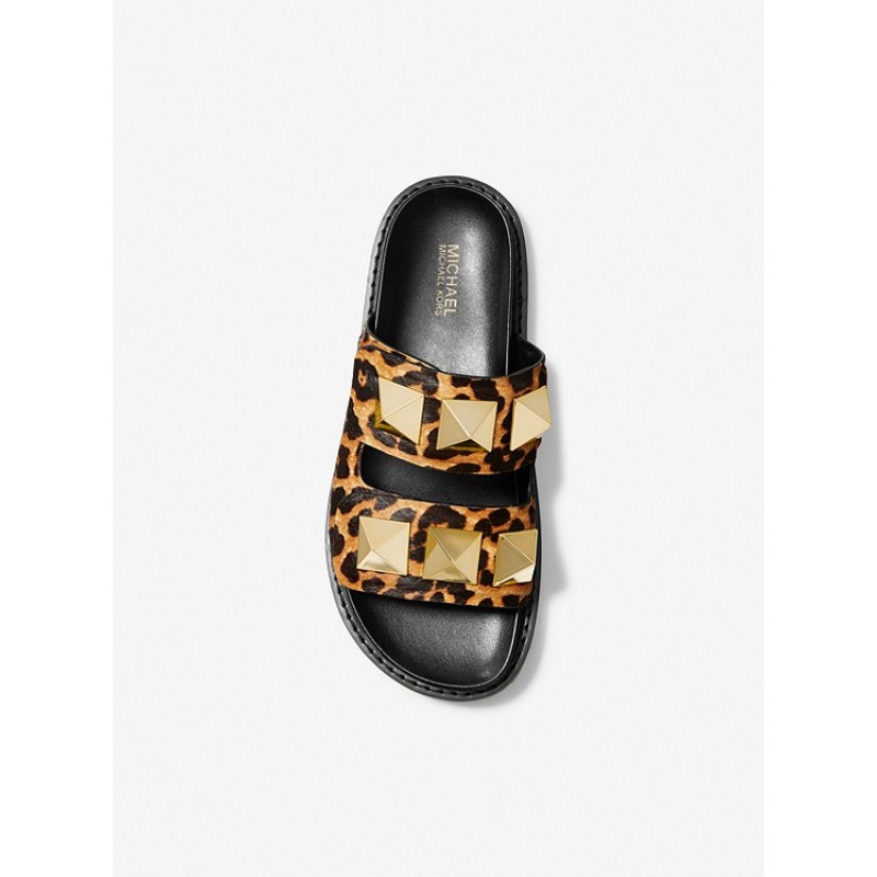 Stark Studded Leopard Print Calf Hair Slide Sandal