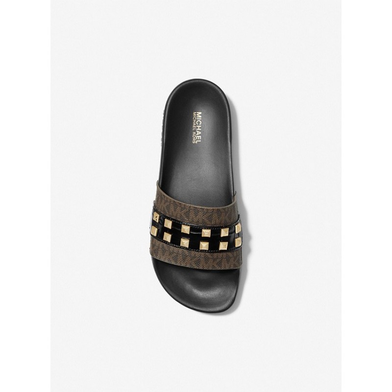 Brandy Studded Logo and Embossed Leather Slide Sandal