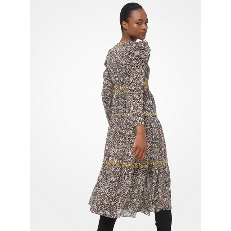 Embellished Paisley Cotton Lawn Puff-Sleeve Dress