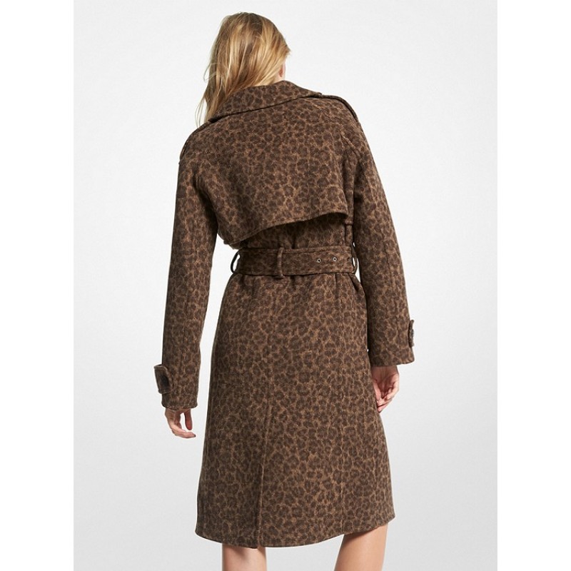 Leopard Print Wool Blend Trench Coat