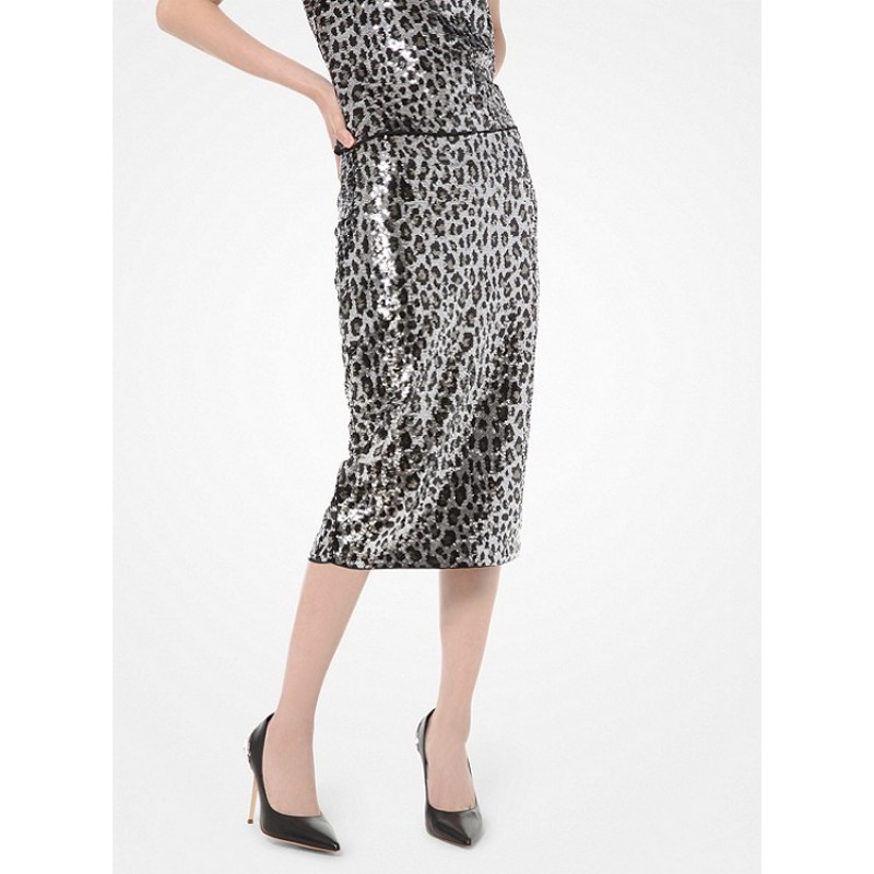 Leopard Sequined Pencil Skirt