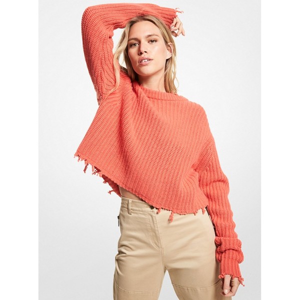 Frayed Wool Blend Cropped Sweater