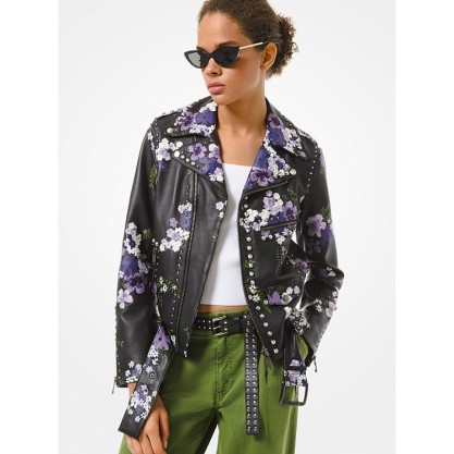 Floral Embroidered Leather Moto Jacket