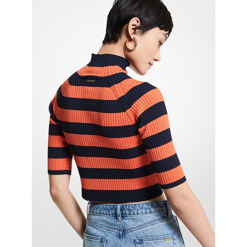 Striped Stretch Viscose Short-Sleeve Sweater
