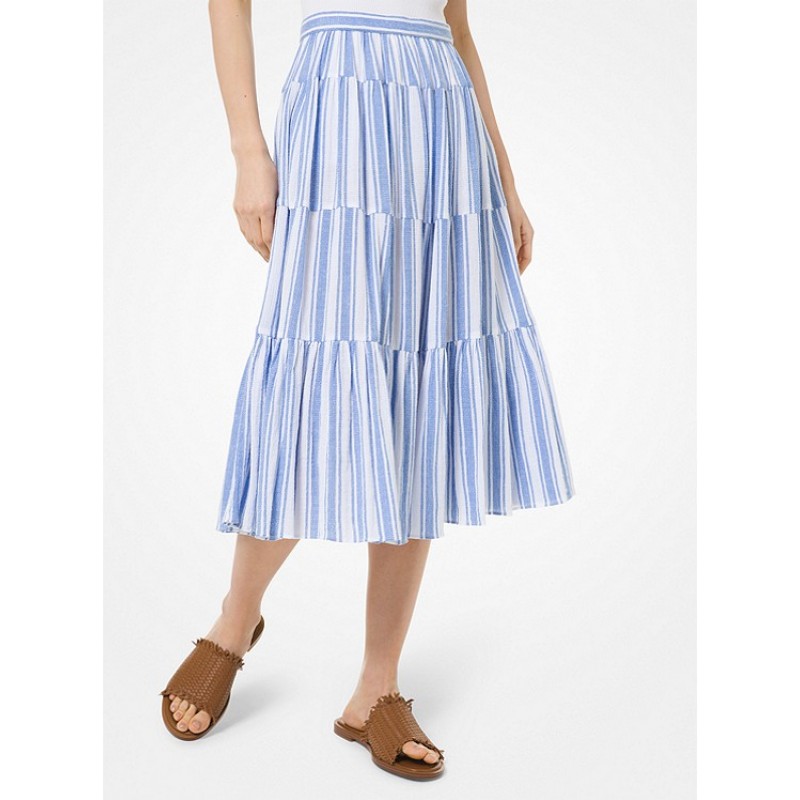 Striped Cotton Gauze Tiered Skirt